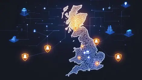 Glowing ai circuit brain over uk map cybersecurity shields network