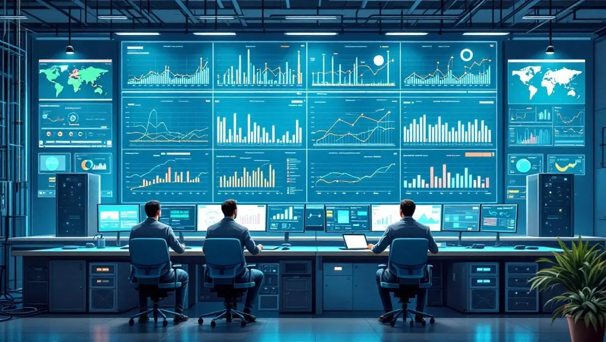 Telecom noc with ai analytics wall monitors and server racks