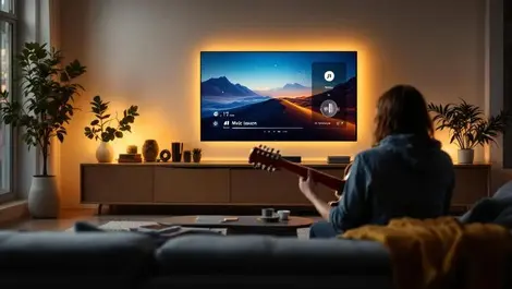 Modern living room smart tv guitar player interactive lesson scene