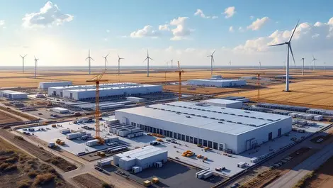 Aerial high tech data center construction north dakota wind