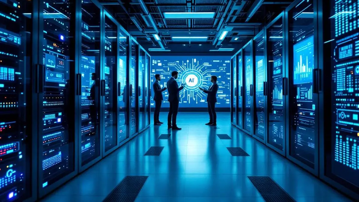 Sleek server room engineers inspecting hardware ai visuals blue tone