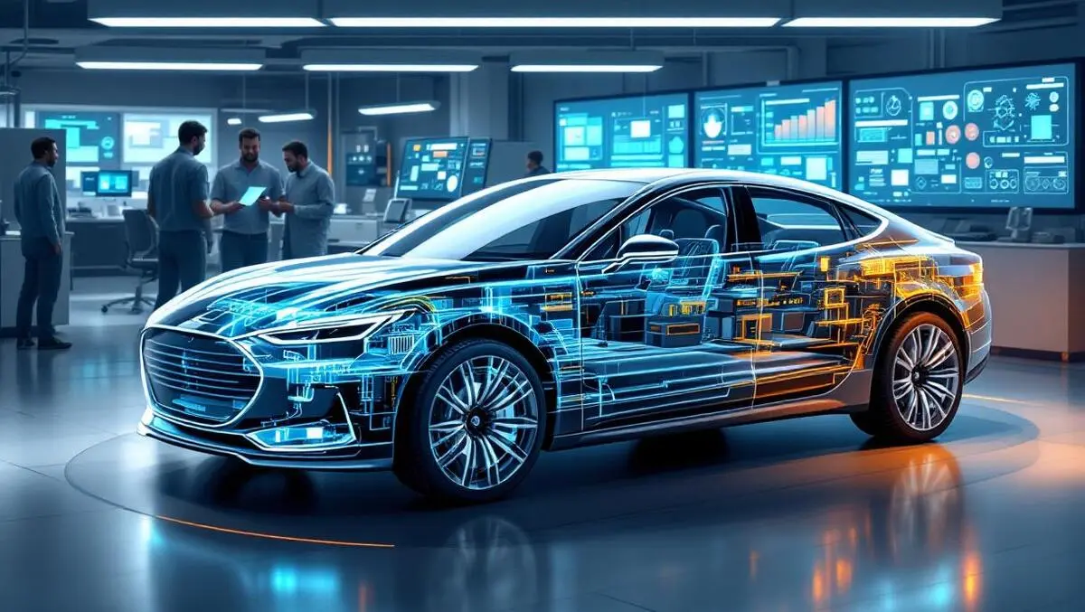 Modern car cutaway ecus wiring hpc chips engineers in lab