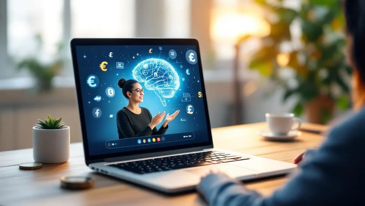 Online language tutor video call ai brain currency globe scene