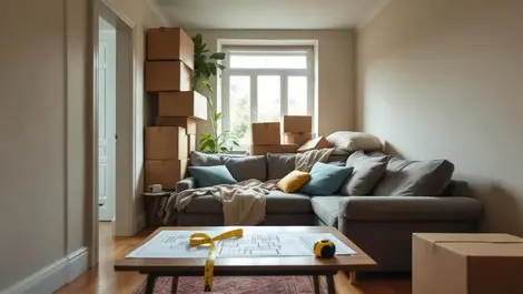 Tiny london flat sofa stuck cramped living room moving boxes