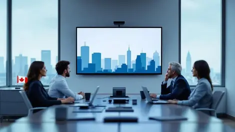 Canadian office meeting room video conference skyline flag