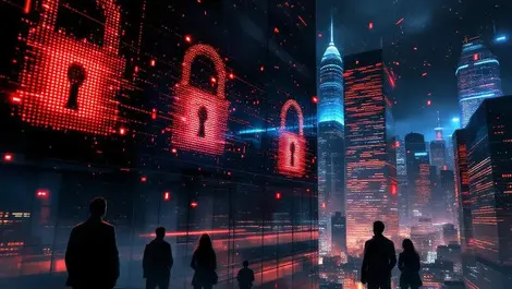 Cinematic night city cyberattack red windows shattering locks