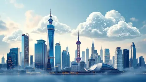 Asiapacific city skyline cloud towers ai data flow daylight scene