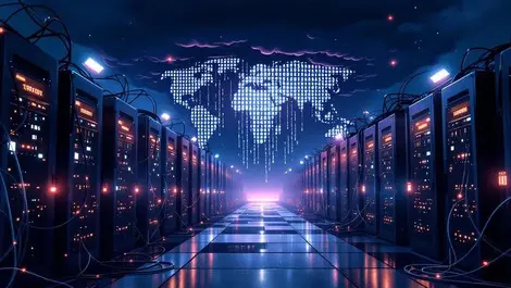 Moody global datacenter storm cloud binary cyber attack scene