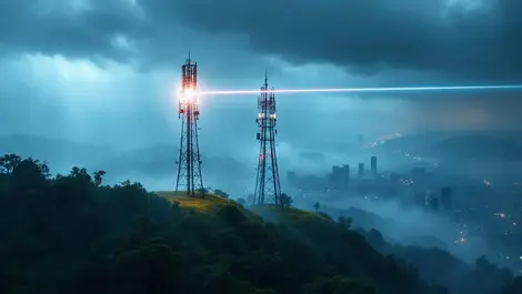 Telecom towers laser link in stormy rainy city backhaul scene