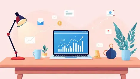 Healthcare desk laptop rising financial charts automated referrals