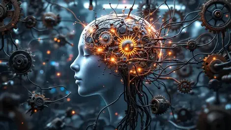 Ai brain glowing in rusted gears tangled with legacy systems