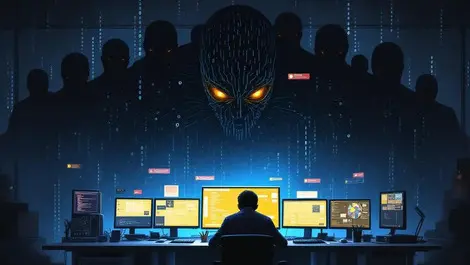 Overwhelmed security analyst shadowy cyber threats night office