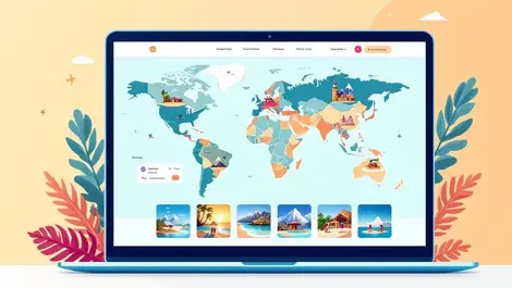 Modern travel booking website world map resorts search filters warm