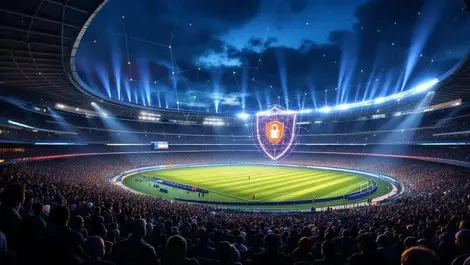 Aussie rules stadium night cyber shield digital security scene