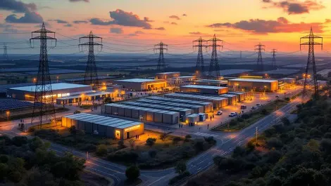 Australian data centre dusk solar farms battery grid scene