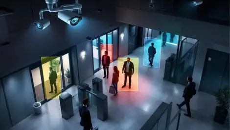 Nighttime european office lobby cctv surveillance ai view