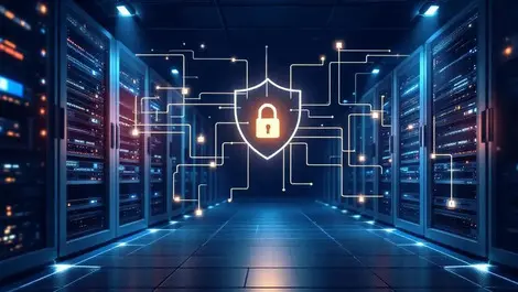 Modern datacenter night racks flowing data cloud edge security