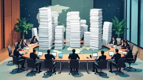 Global business meeting world map table blocked by legal tax forms