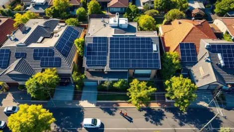 Aerial sydney solar home batteries neighborhood grid workers