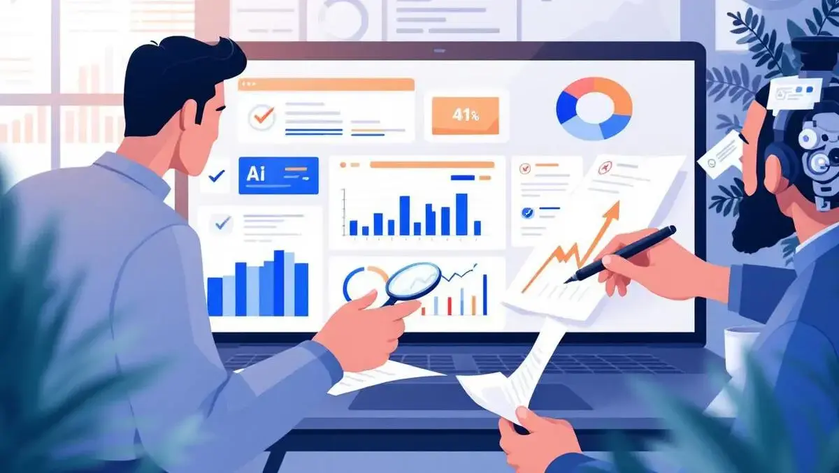 Focused audit professionals corporate office dashboard checkmarks digital illustration