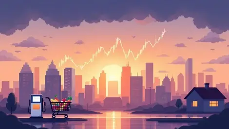 Tense economy australian city skyline price chart grocery fuel storm clouds digital illustration