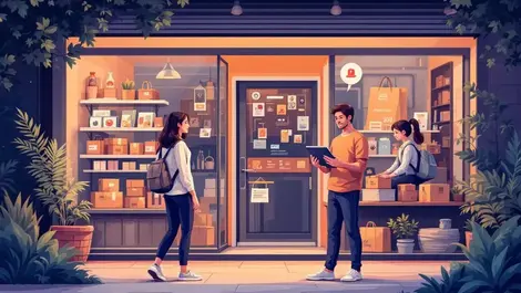 Warm social selling australian shop owner tablet storefront digital illustration